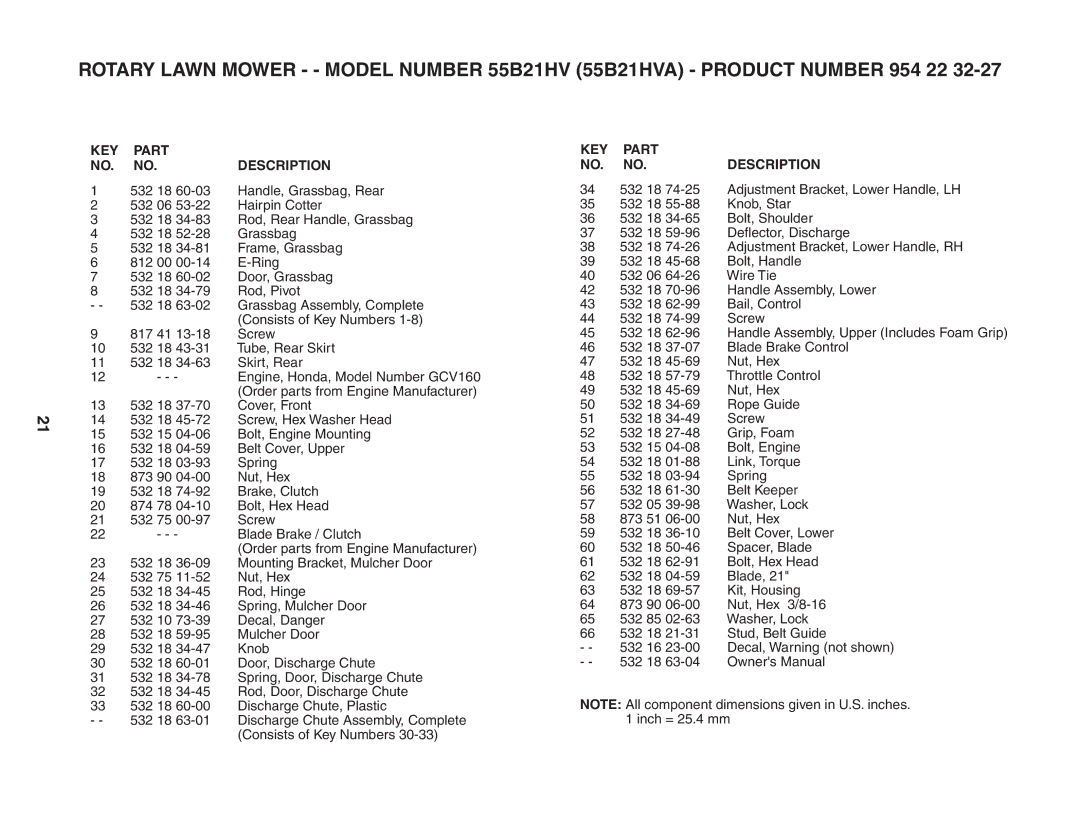 Husqvarna 55B21HV owner manual KEY Part Description 