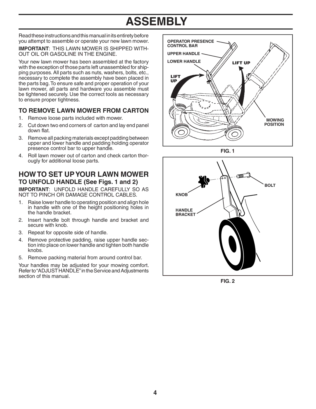 Husqvarna 55B21HV Assembly, HOW to SET UP Your Lawn Mower, To Remove Lawn Mower from Carton, To Unfold Handle See Figs 