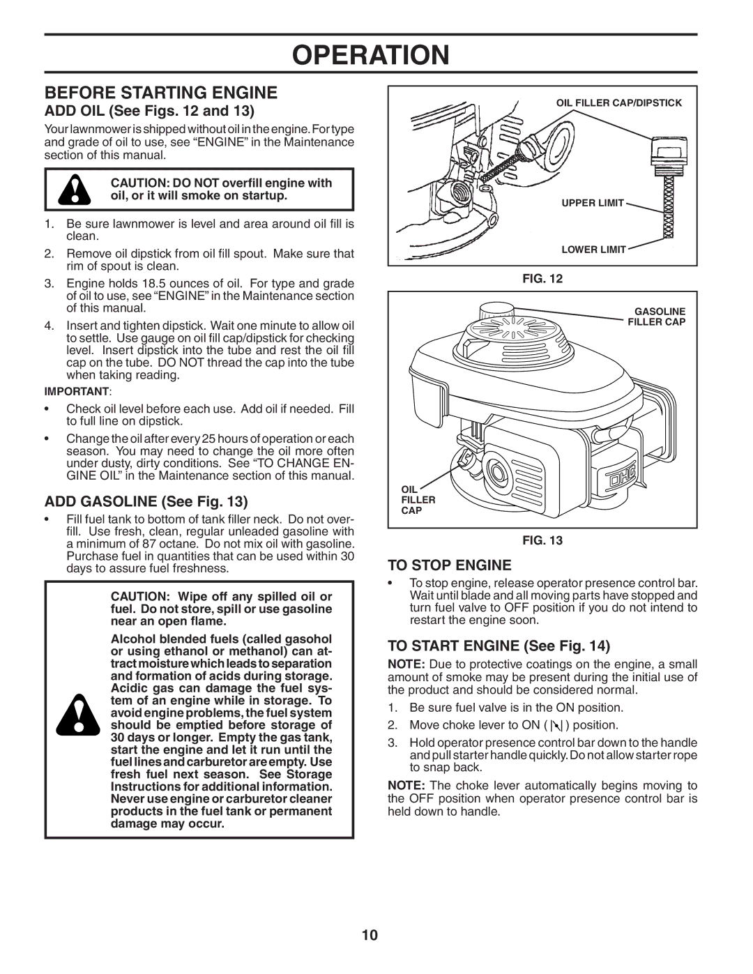 Husqvarna 55C21HV Before Starting Engine, ADD OIL See Figs, ADD Gasoline See Fig, To Stop Engine, To Start Engine See Fig 