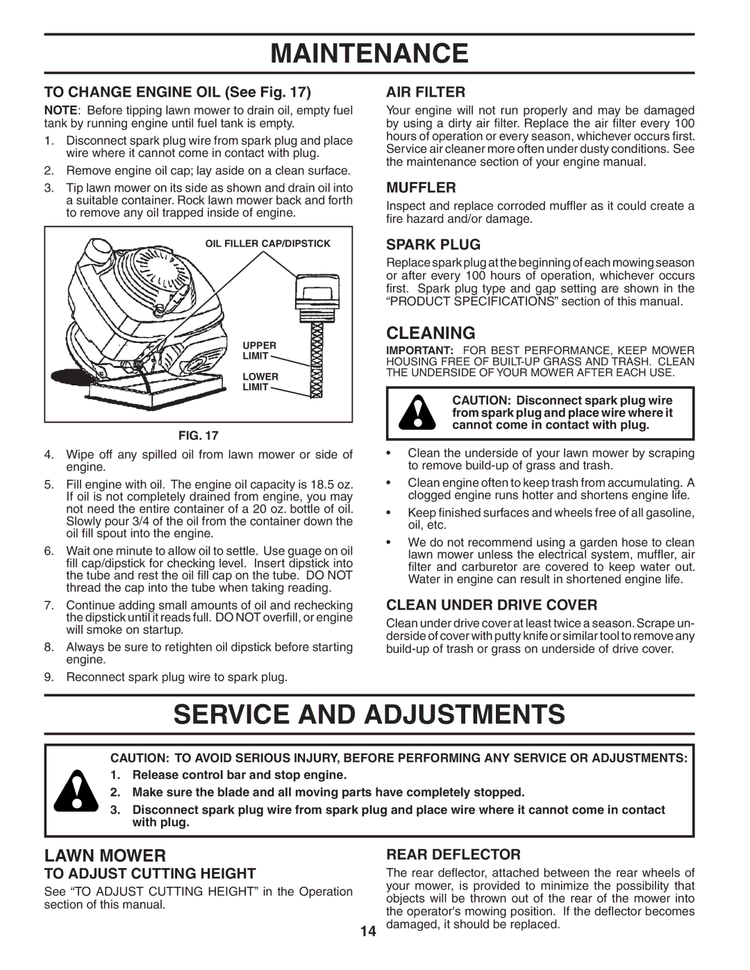 Husqvarna 55C21HV owner manual Service and Adjustments, Cleaning 