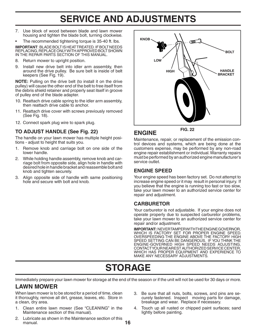 Husqvarna 55C21HV owner manual Storage, To Adjust Handle See Fig, Carburetor 