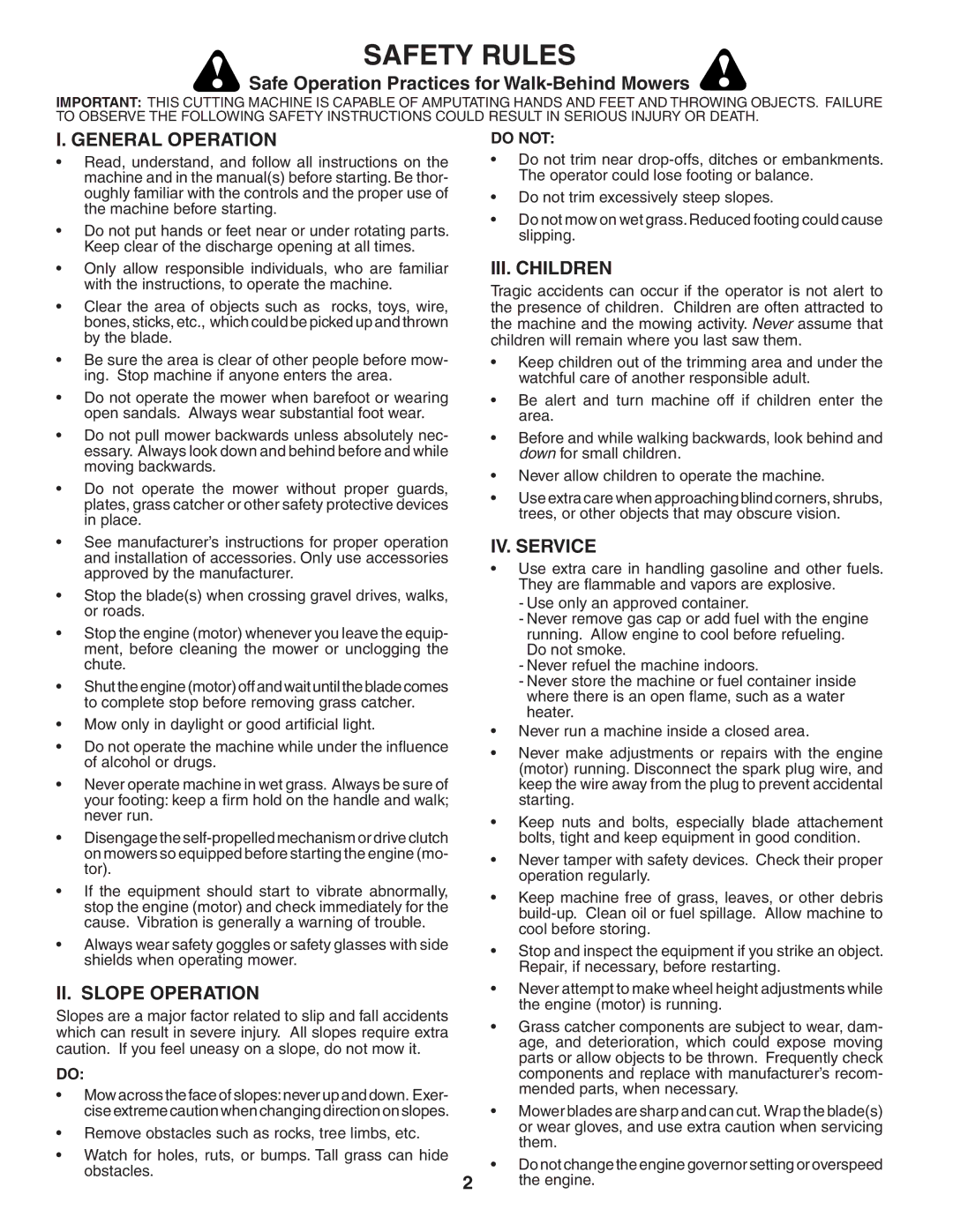 Husqvarna 55C21HV Safe Operation Practices for Walk-Behind Mowers, General Operation, II. Slope Operation, III. Children 