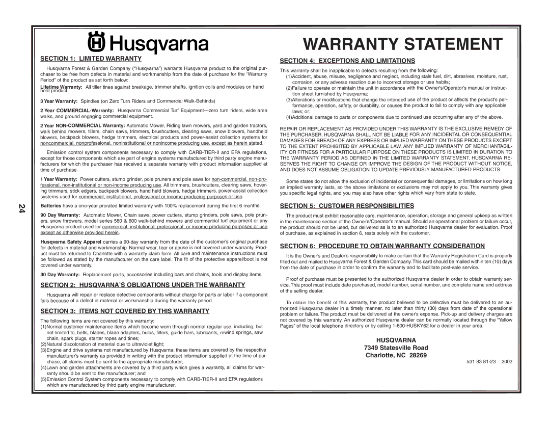 Husqvarna 55C21HV owner manual Husqvarna 