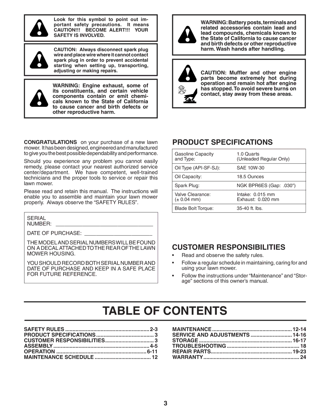 Husqvarna 55C21HV owner manual Table of Contents 