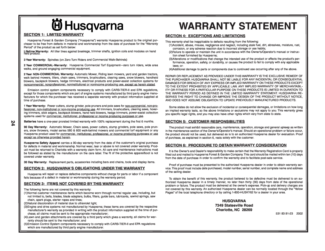 Husqvarna 55C21HV owner manual Limited Warranty, Items Not Covered By This Warranty, Customer Responsibilities, Husqvarna 