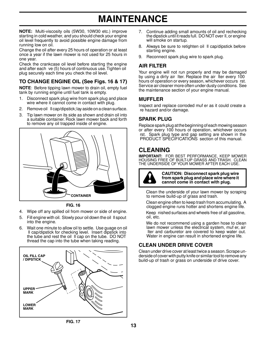 Husqvarna 55R21HV owner manual Cleaning, AIR Filter, Muffler, Spark Plug, Clean Under Drive Cover 