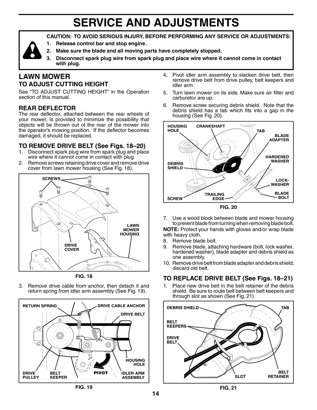 Husqvarna 55R21HV Service and Adjustments, To Adjust Cutting Height, Rear Deflector, To Remove Drive Belt See Figs 