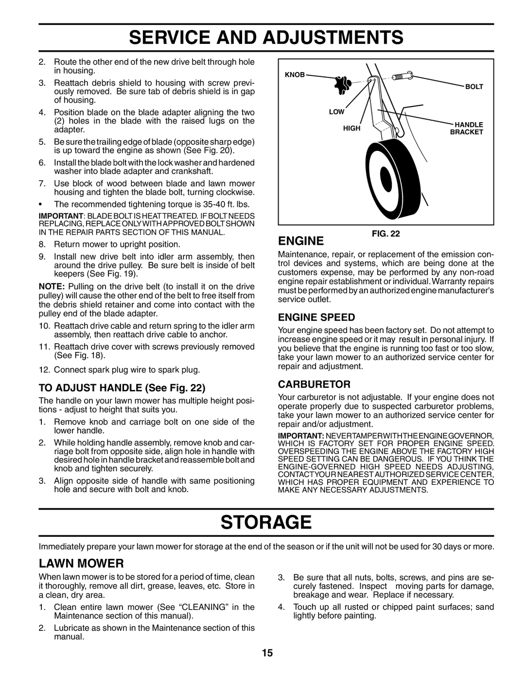 Husqvarna 55R21HV owner manual Storage, To Adjust Handle See Fig, Carburetor 