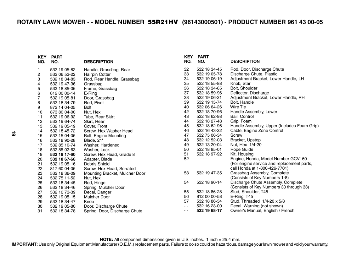 Husqvarna 55R21HV owner manual KEY Part Description, 532 18 