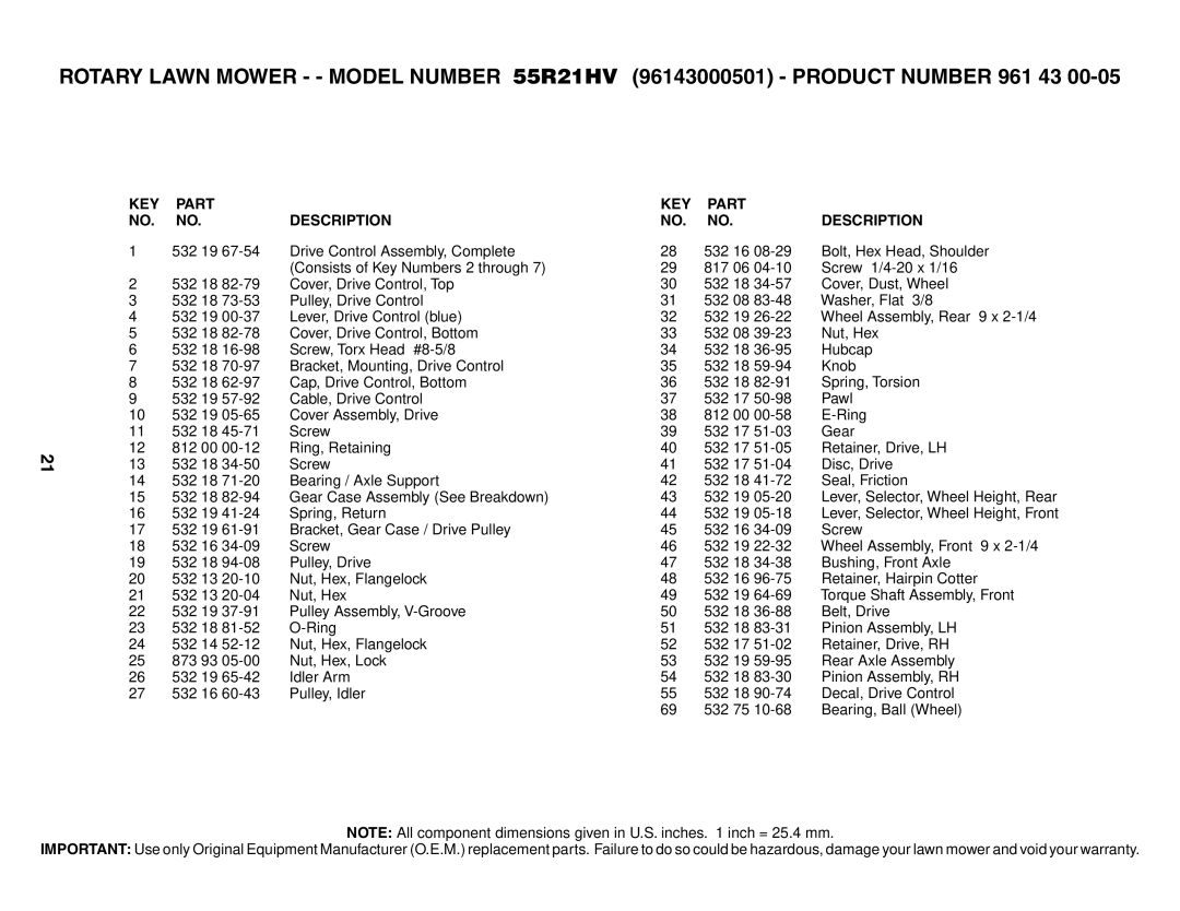 Husqvarna 55R21HV owner manual KEY Part Description 