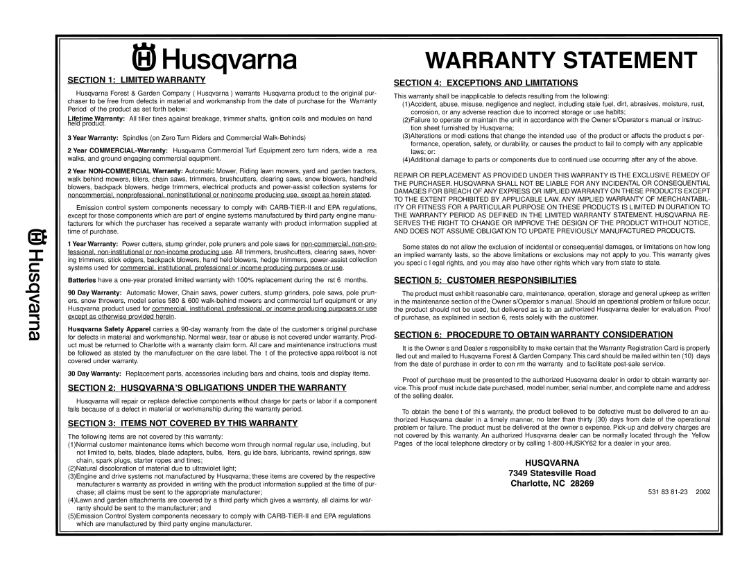 Husqvarna 55R21HV owner manual Rantywar Tementsta 