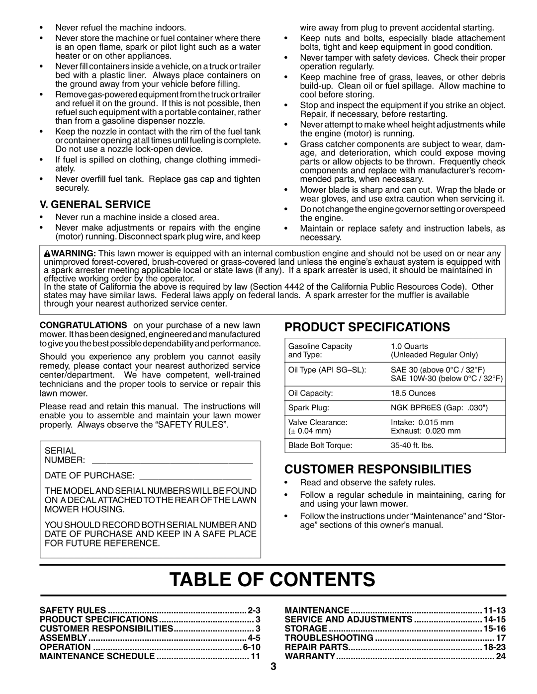 Husqvarna 55R21HV owner manual Table of Contents 