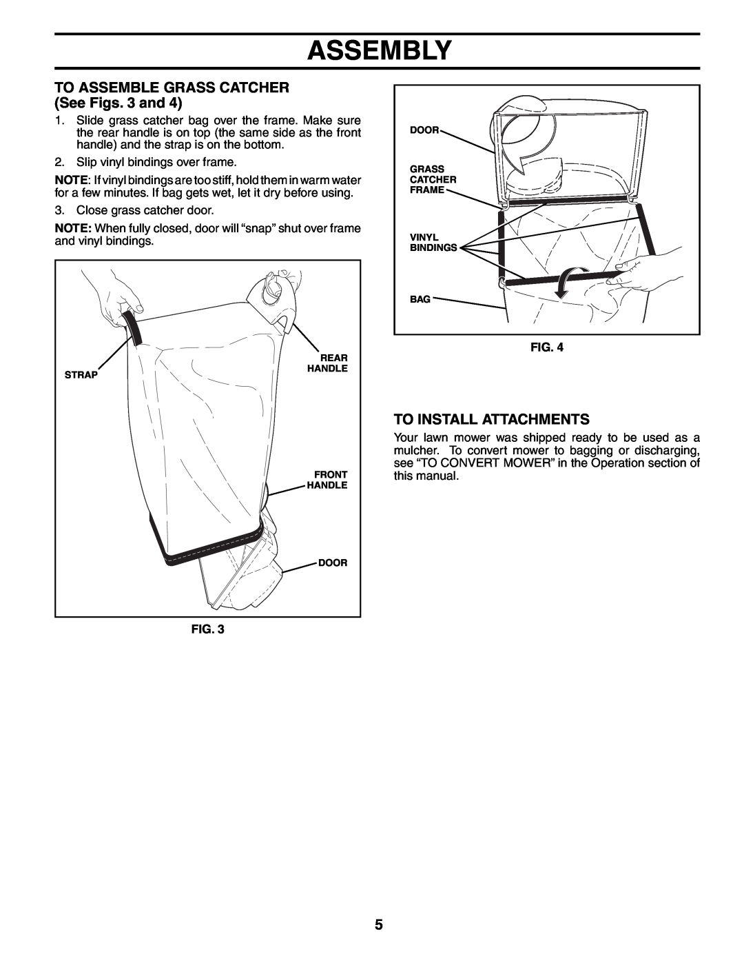 Husqvarna 55R21HV owner manual TO ASSEMBLE GRASS CATCHER See Figs. 3 and, To Install Attachments, Assembly 