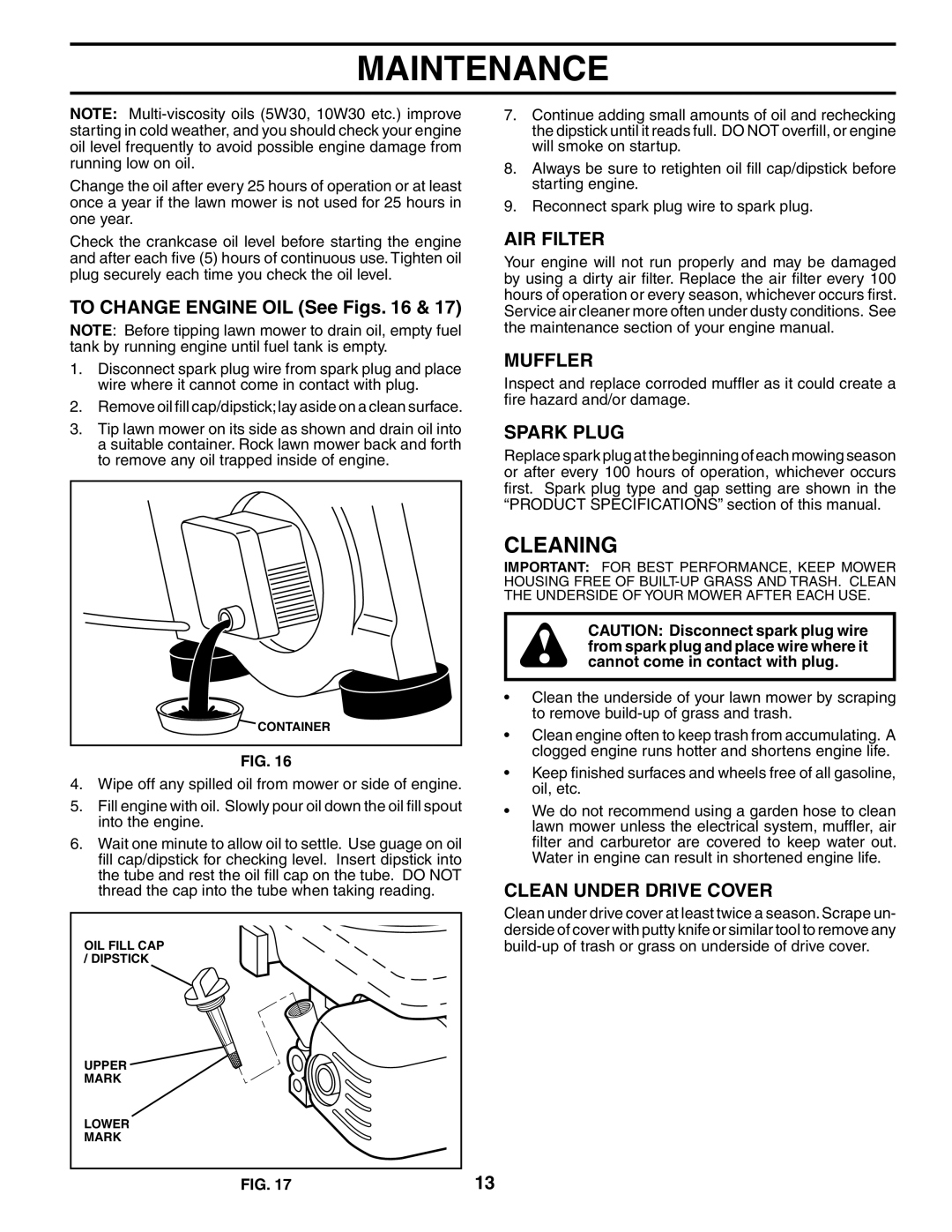 Husqvarna 55R21HVL owner manual Cleaning, AIR Filter, Muffler, Spark Plug, Clean Under Drive Cover 