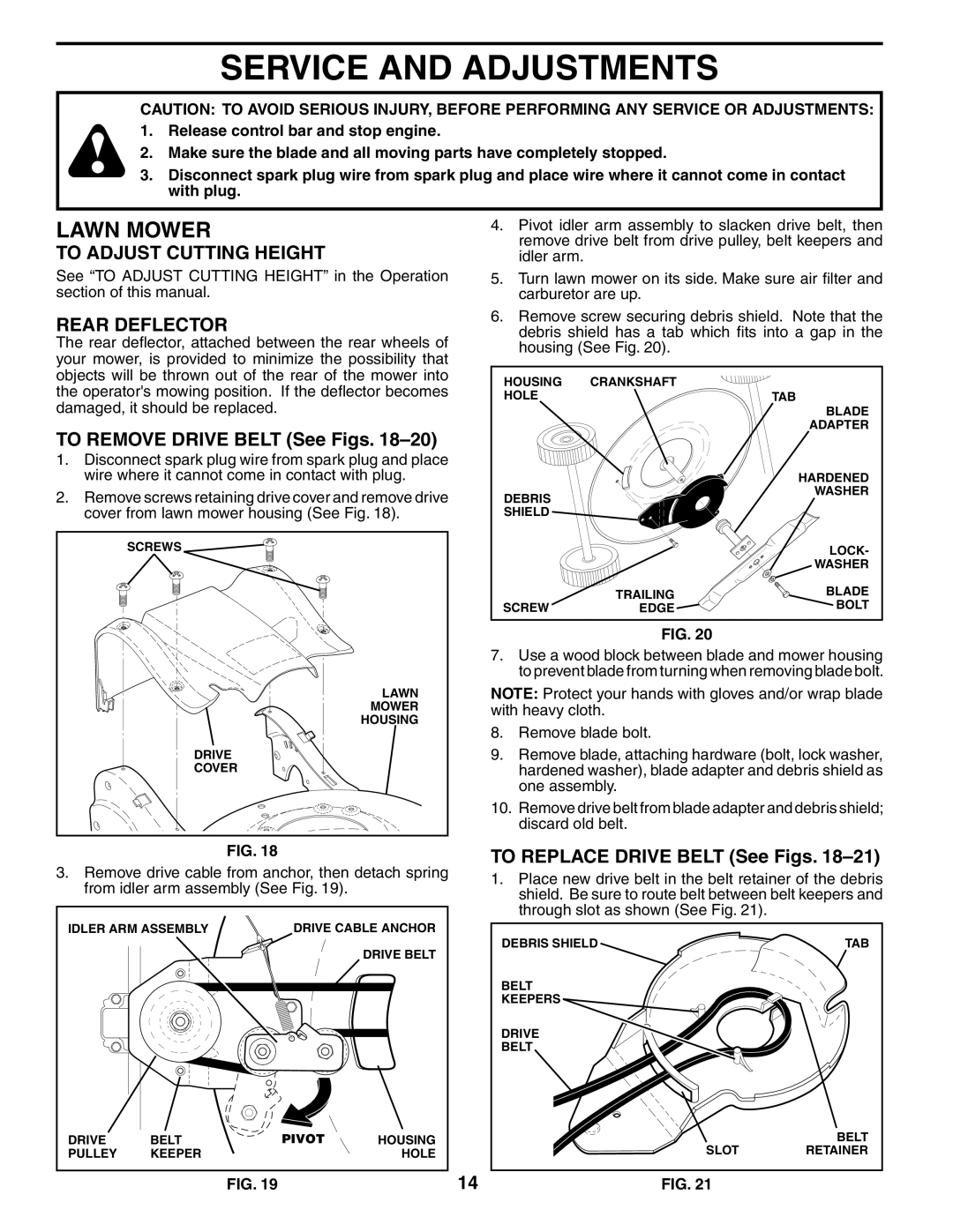 Husqvarna 55R21HVL Service and Adjustments, To Adjust Cutting Height, Rear Deflector, To Remove Drive Belt See Figs 