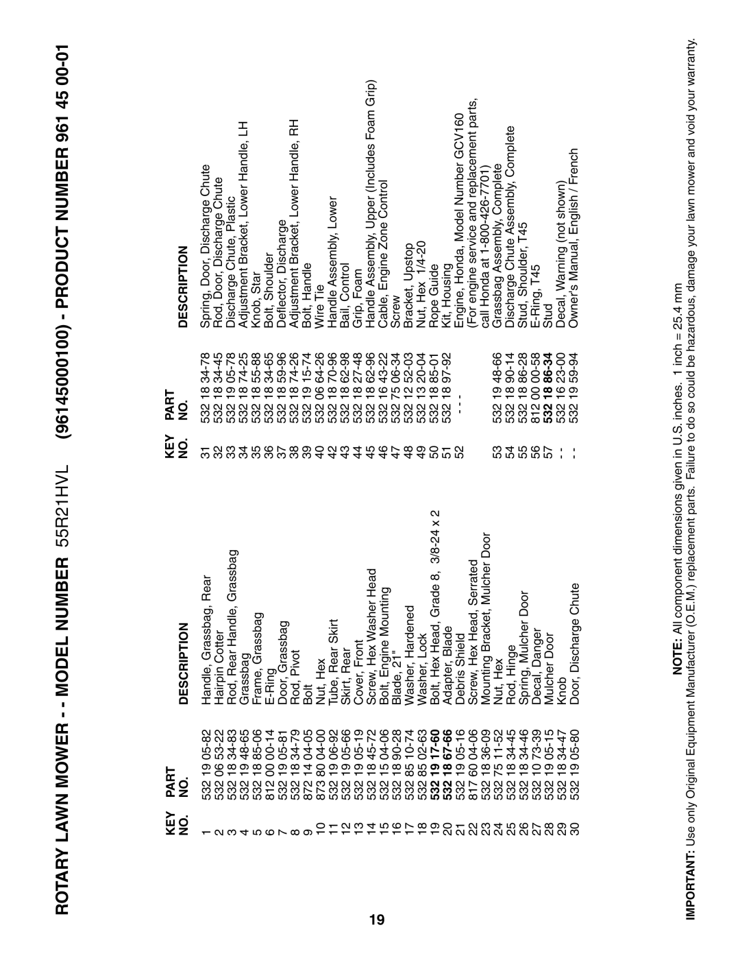 Husqvarna 55R21HVL owner manual KEY Part Description 