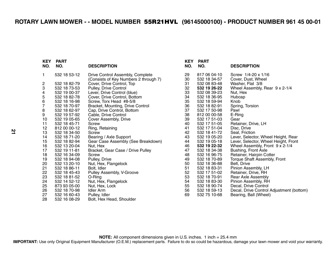 Husqvarna 55R21HVL owner manual Wheel Assembly, Rear 9 x 2-1/4 