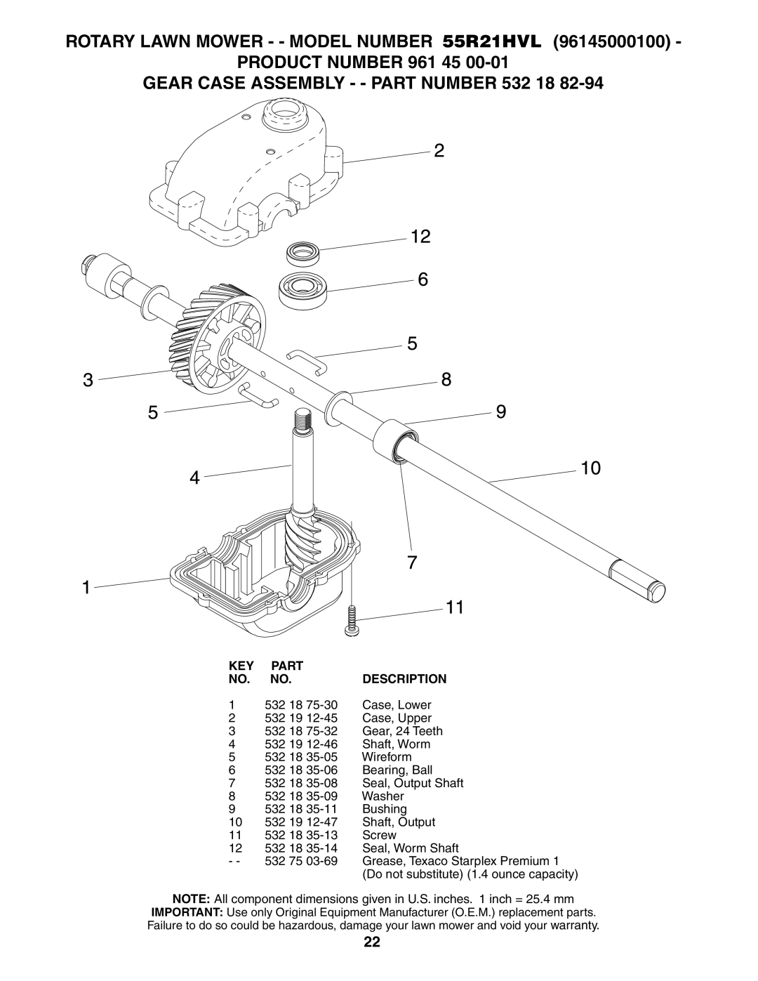 Husqvarna owner manual Rotary Lawn Mower - Model Number 55R21HVL, Gear Case Assembly - Part Number 532 18 