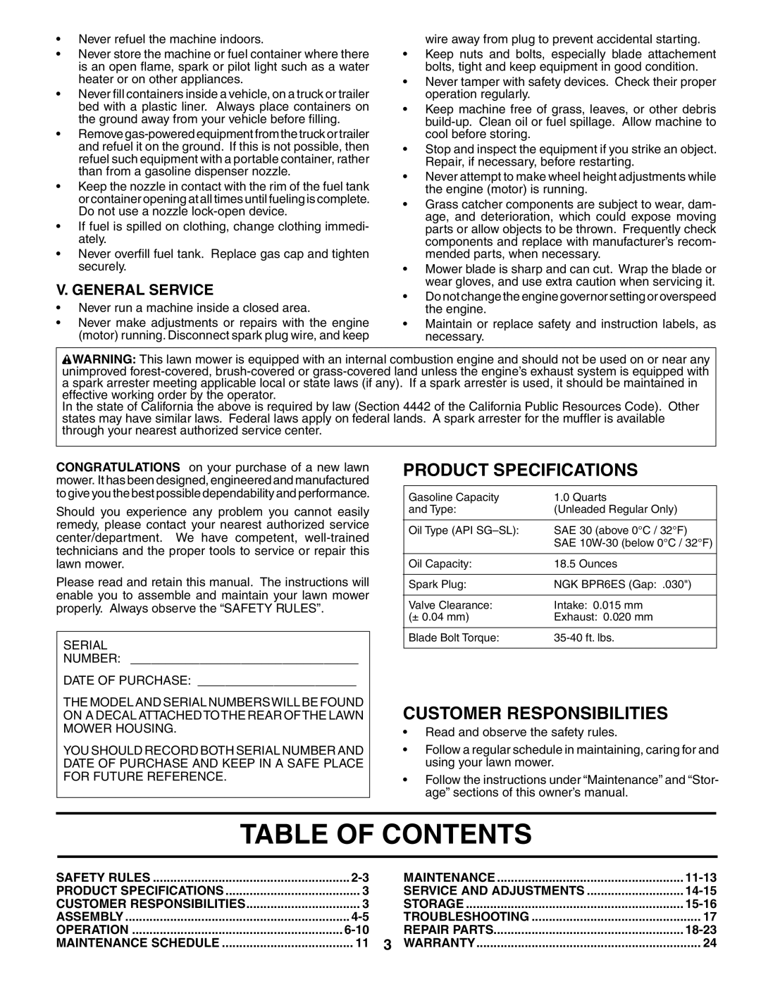 Husqvarna 55R21HVL Table Of Contents, Product Specifications, Customer Responsibilities, V. General Service, 6-10, 11-13 