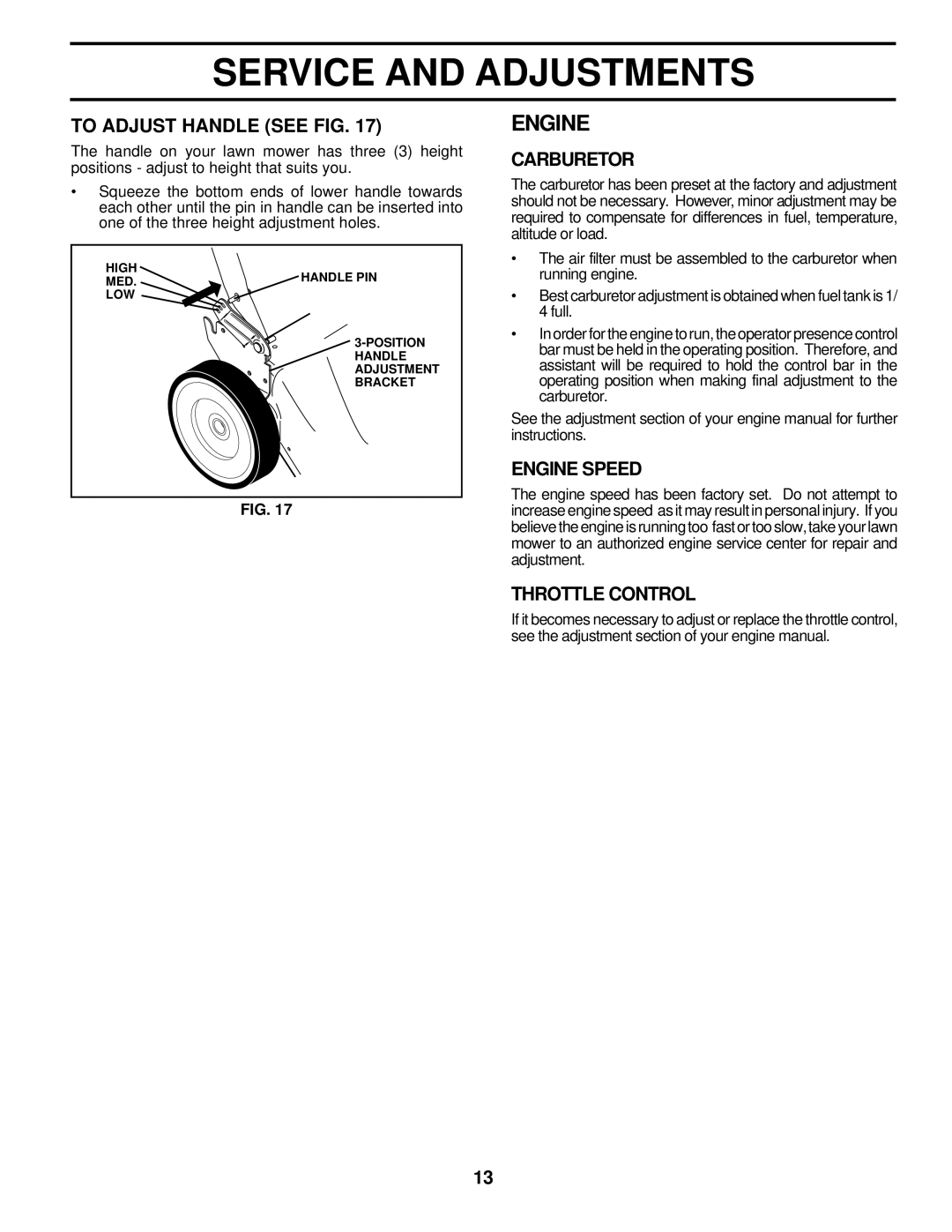 Husqvarna 560sr owner manual To Adjust Handle see FIG, Carburetor, Engine Speed, Throttle Control 