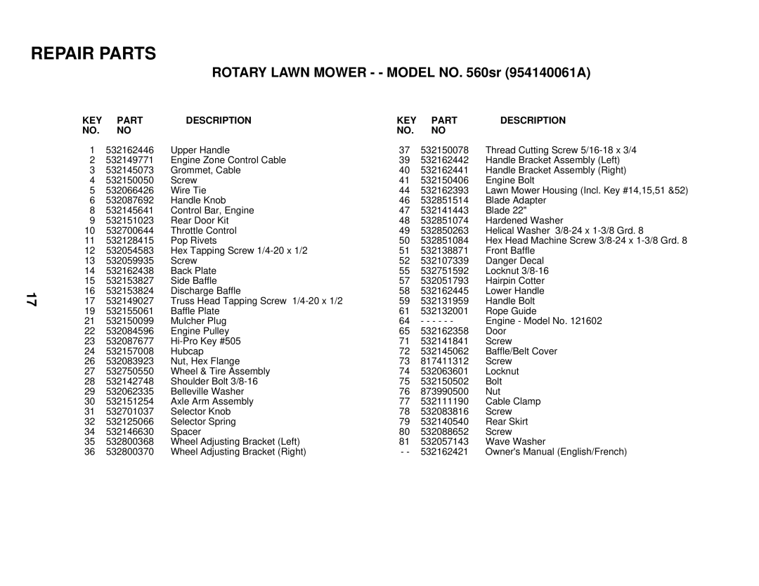 Husqvarna 560sr owner manual KEY Part Description 