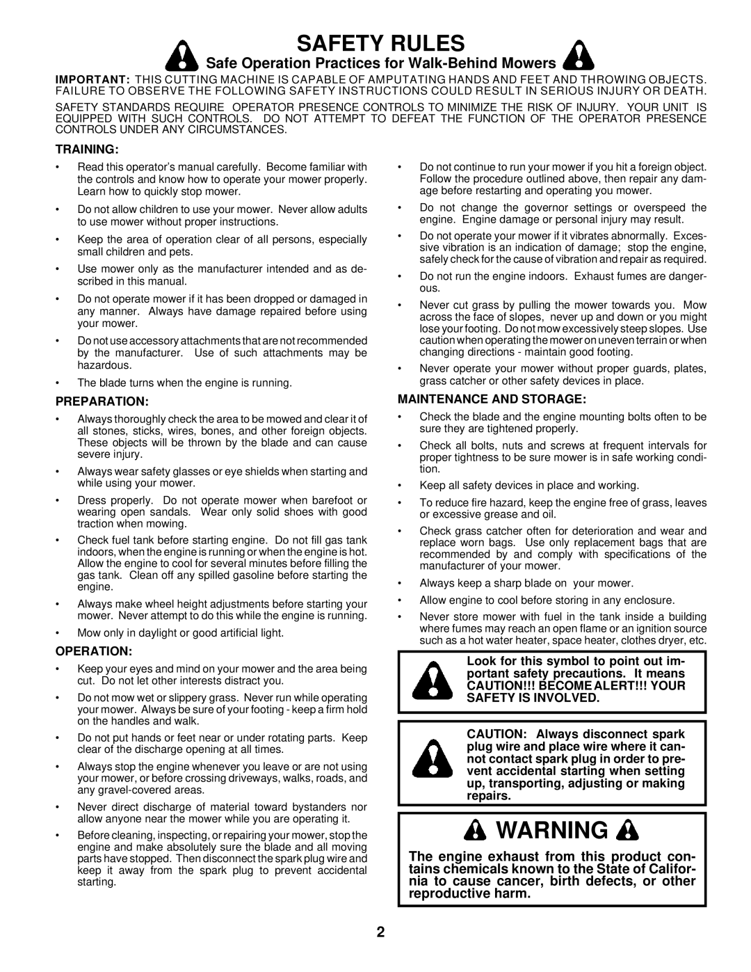 Husqvarna 560sr Safe Operation Practices for Walk-Behind Mowers, Training, Preparation, Maintenance and Storage 