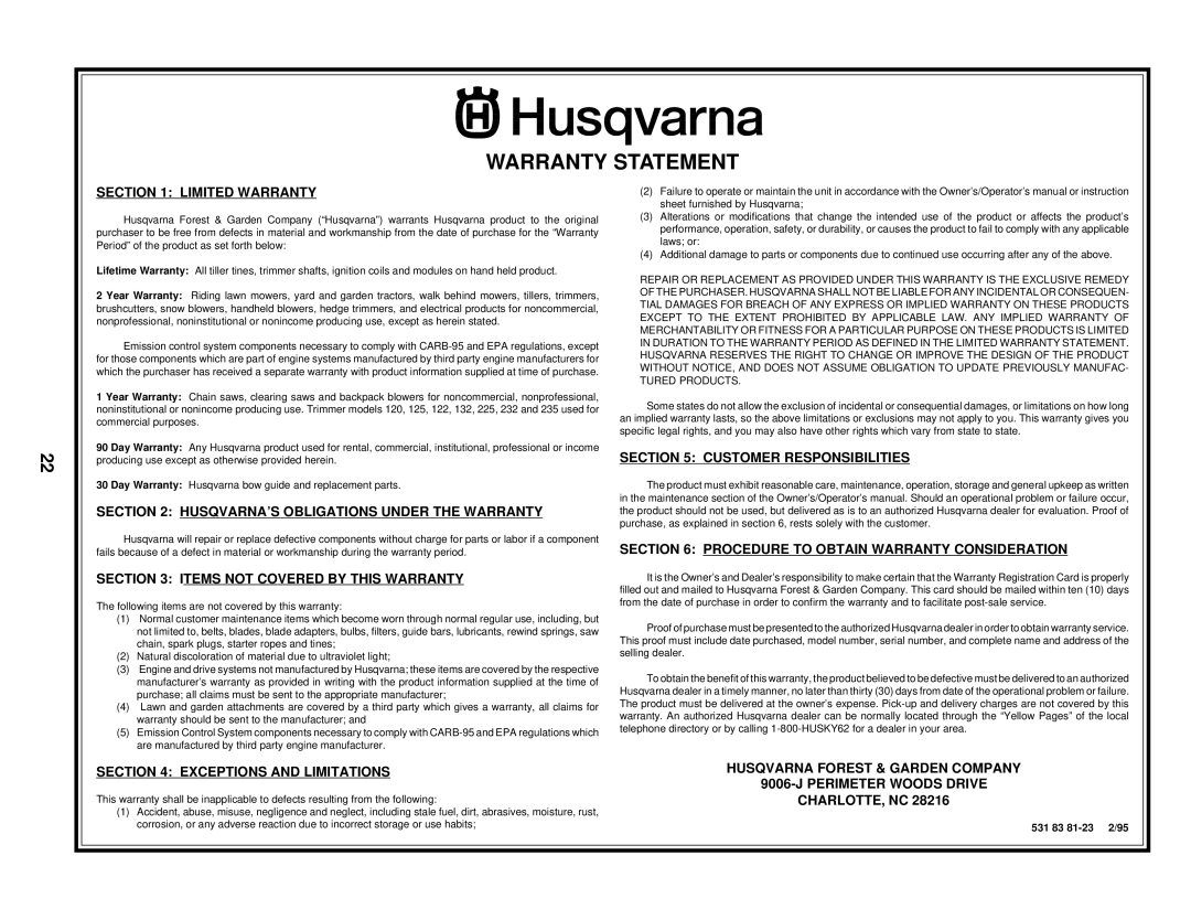 Husqvarna 560sr owner manual Warranty Statement, Limited Warranty 