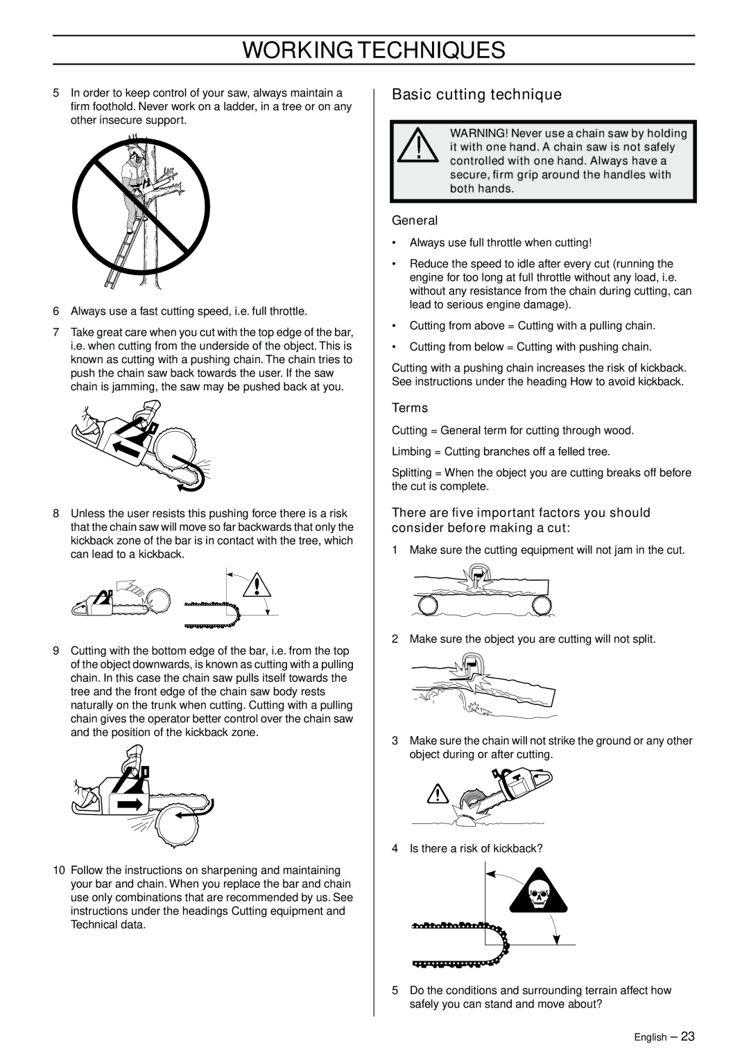 Husqvarna 570, 575XP manual Basic cutting technique, General, Terms 