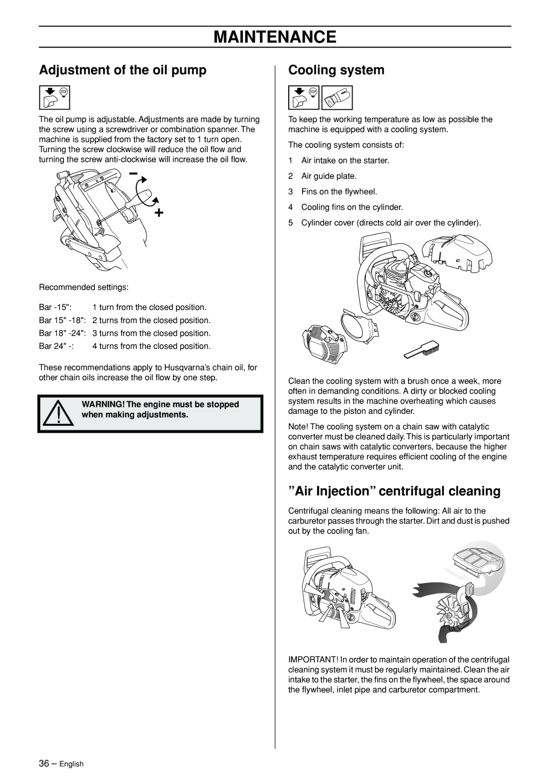 Husqvarna 570, 575XP manual Adjustment of the oil pump, Cooling system, Air Injection centrifugal cleaning 