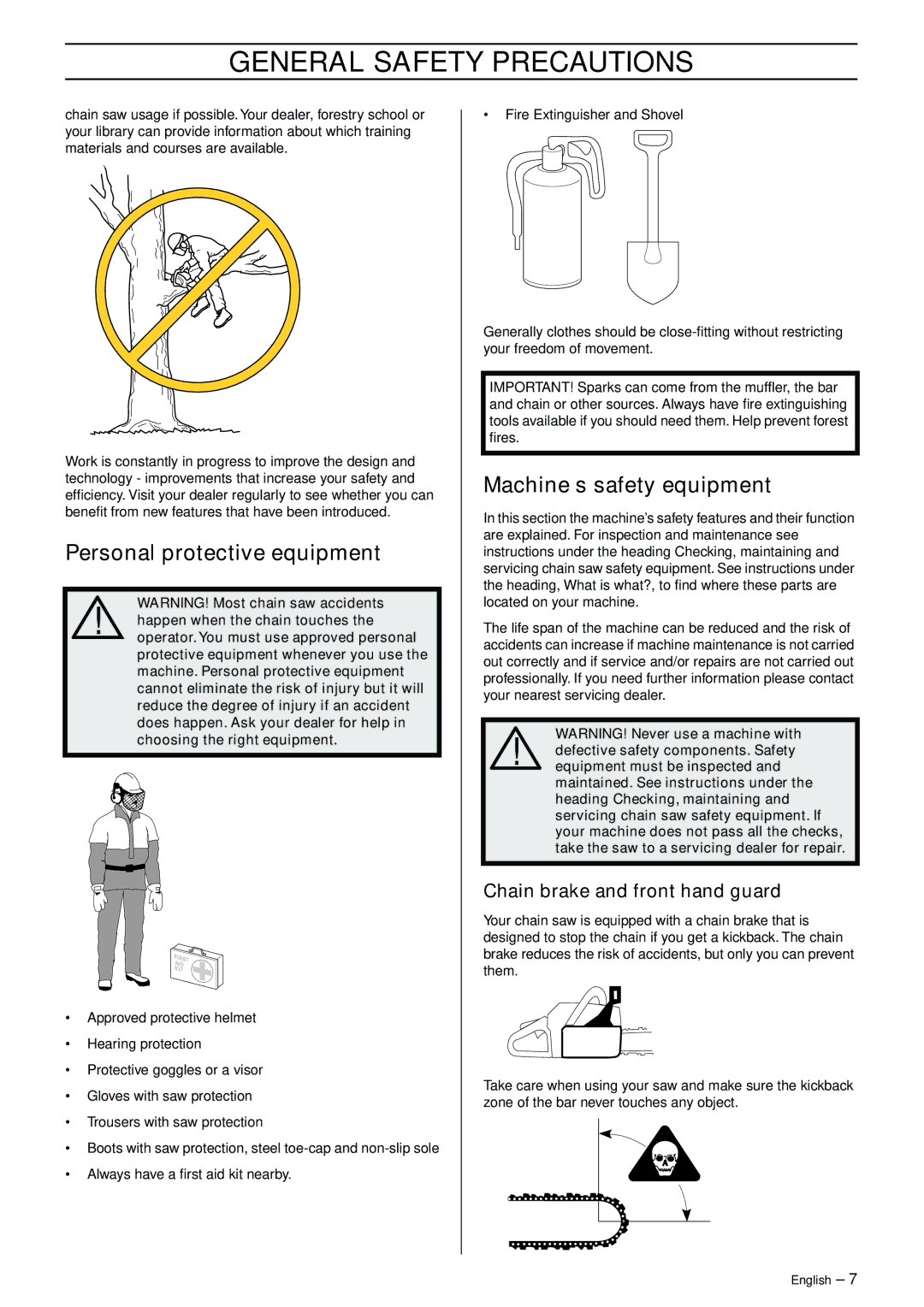 Husqvarna 570, 575XP manual Personal protective equipment, Machine′s safety equipment, Chain brake and front hand guard 