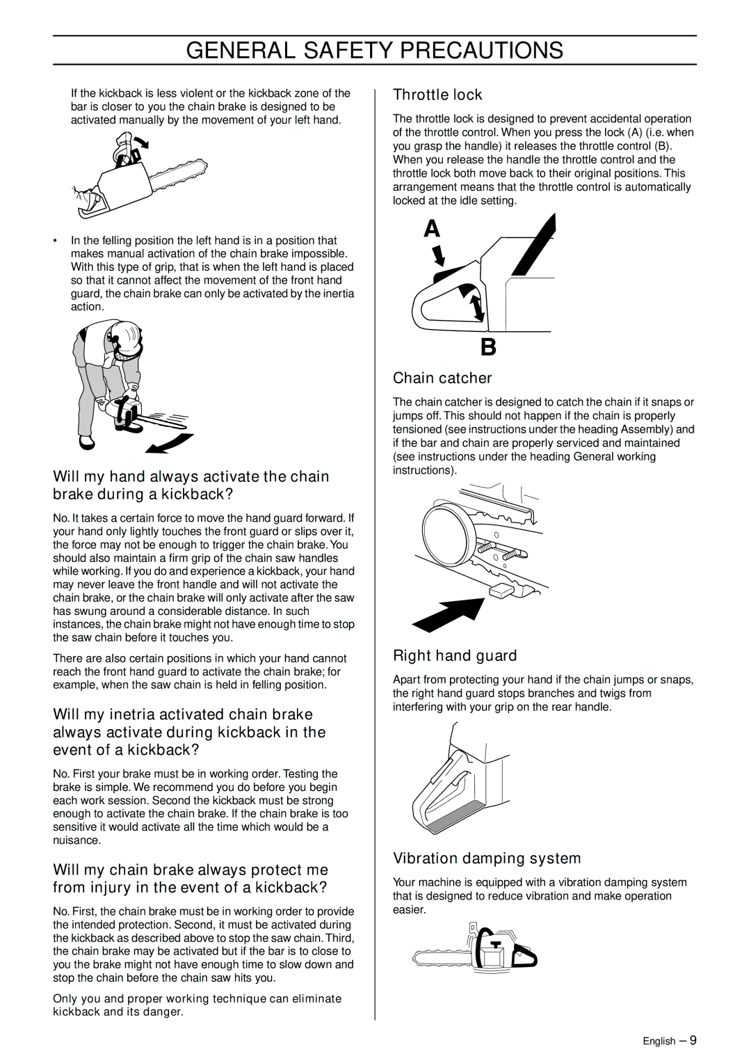 Husqvarna 570, 575XP manual Throttle lock, Chain catcher, Right hand guard, Vibration damping system 