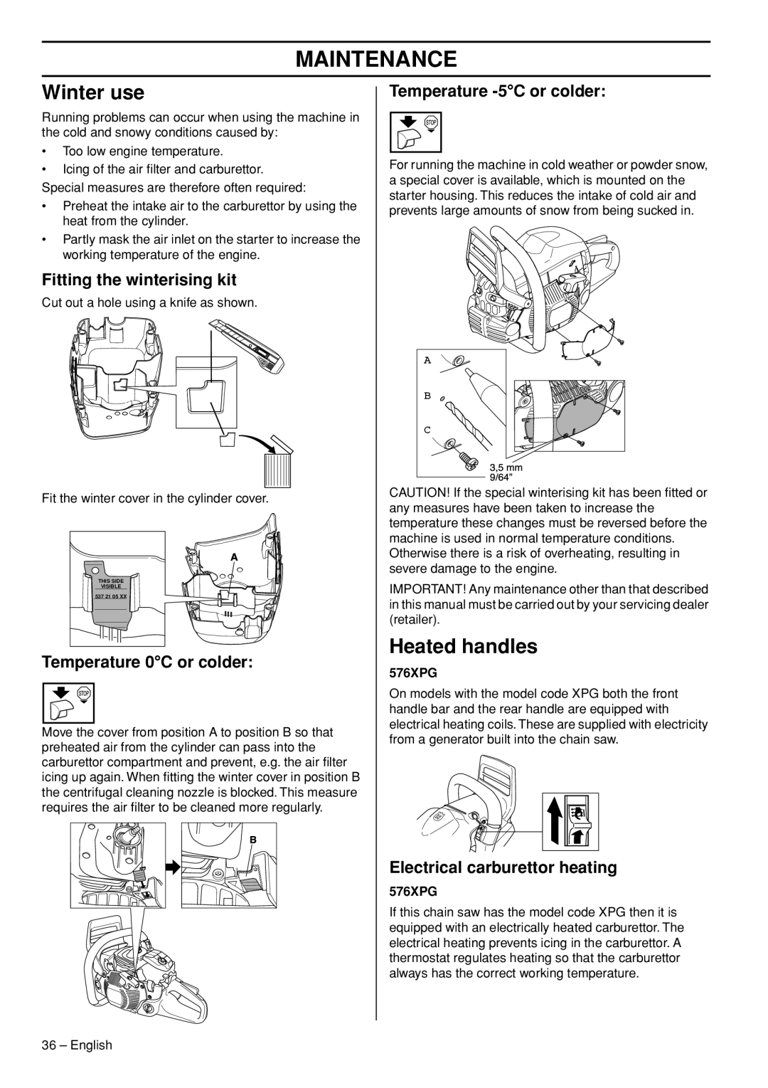 Husqvarna 570 576 XP manual Winter use, Heated handles 