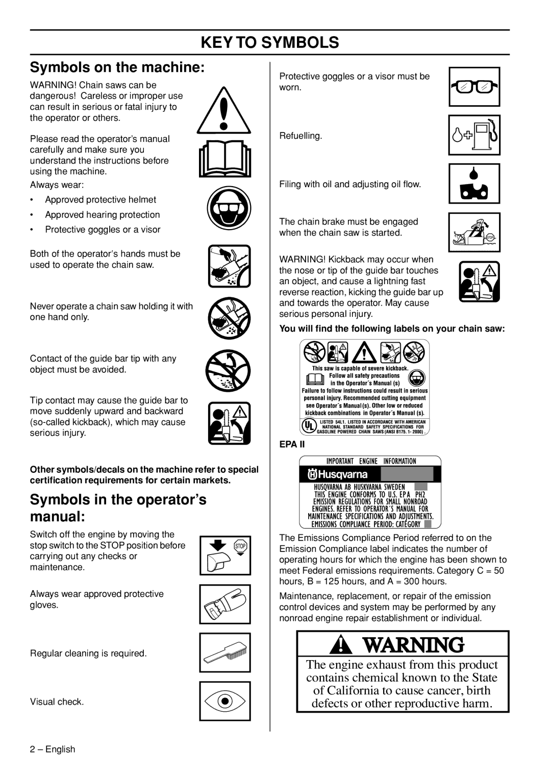 Husqvarna 570 EPA II, 576 XP EPA II KEY to Symbols, Symbols on the machine, Symbols in the operator’s manual 