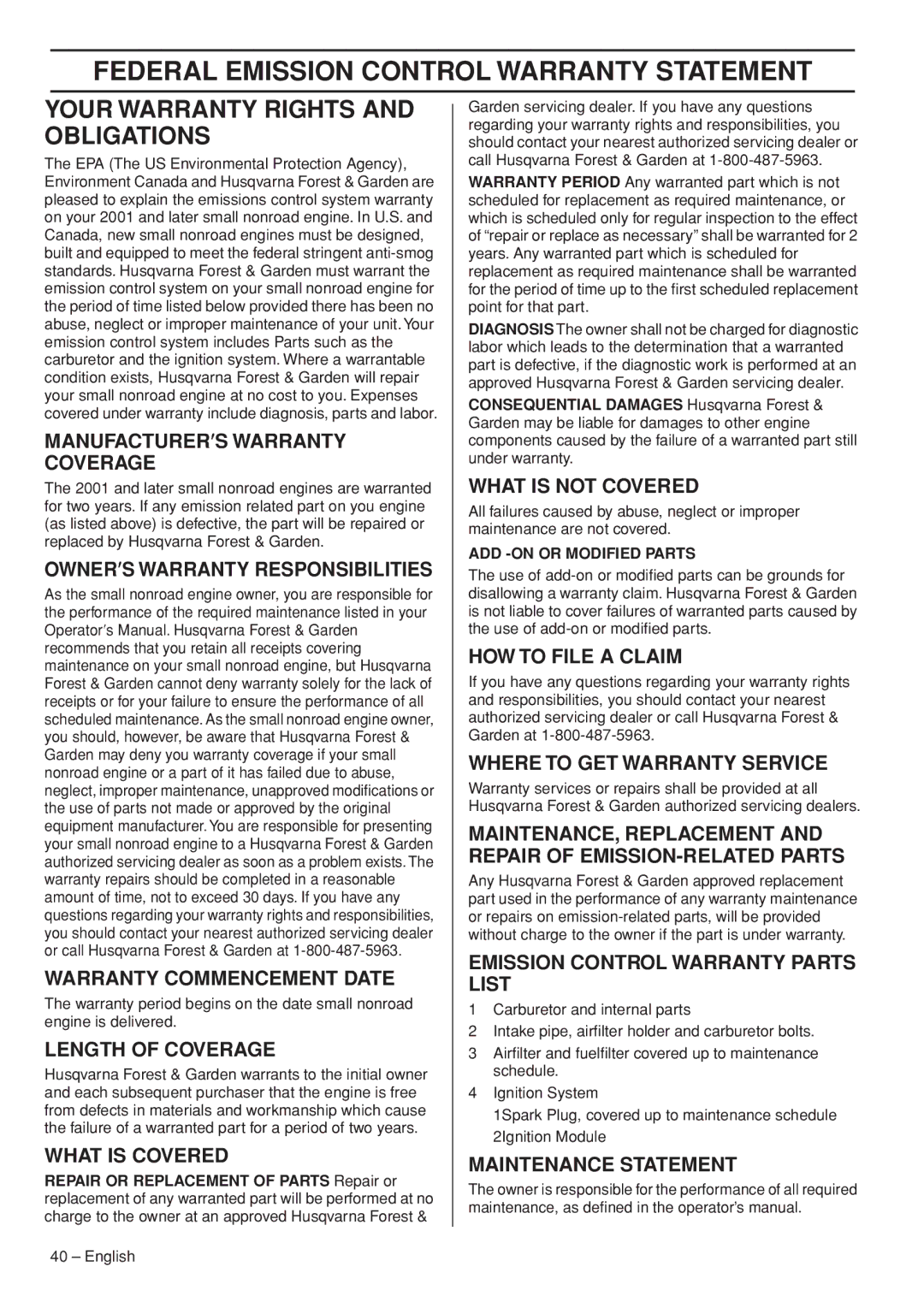 Husqvarna 570 EPA II, 576 XP EPA II manual Federal Emission Control Warranty Statement, Your Warranty Rights and Obligations 