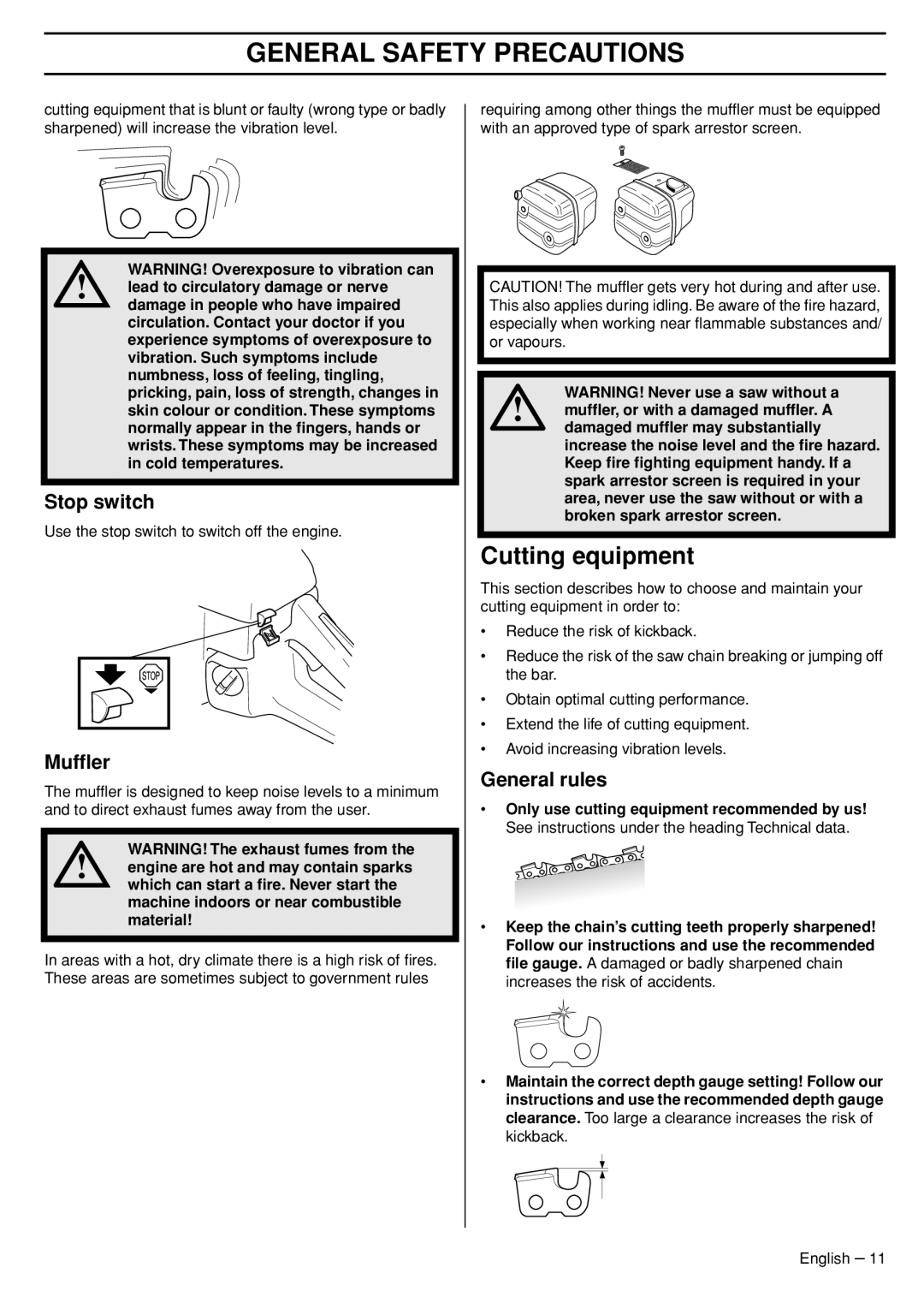Husqvarna 575XP manual Cutting equipment, Stop switch, Mufﬂer, General rules 