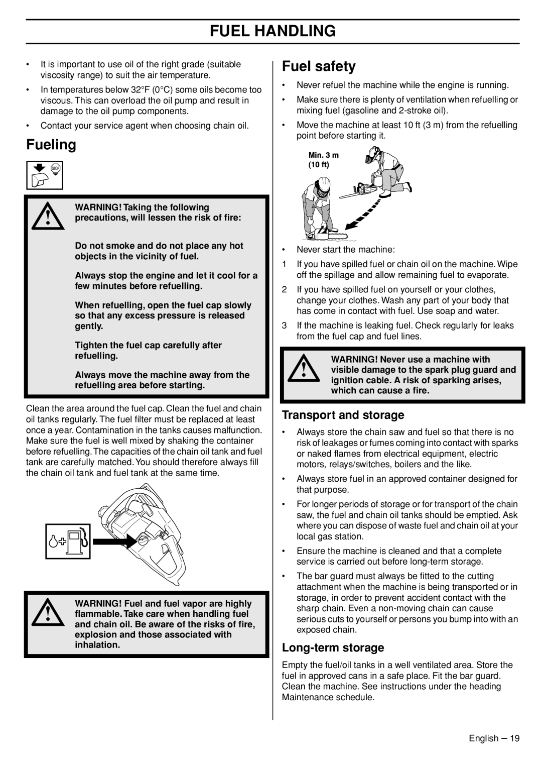 Husqvarna 575XP manual Fueling, Fuel safety, Transport and storage, Long-term storage 
