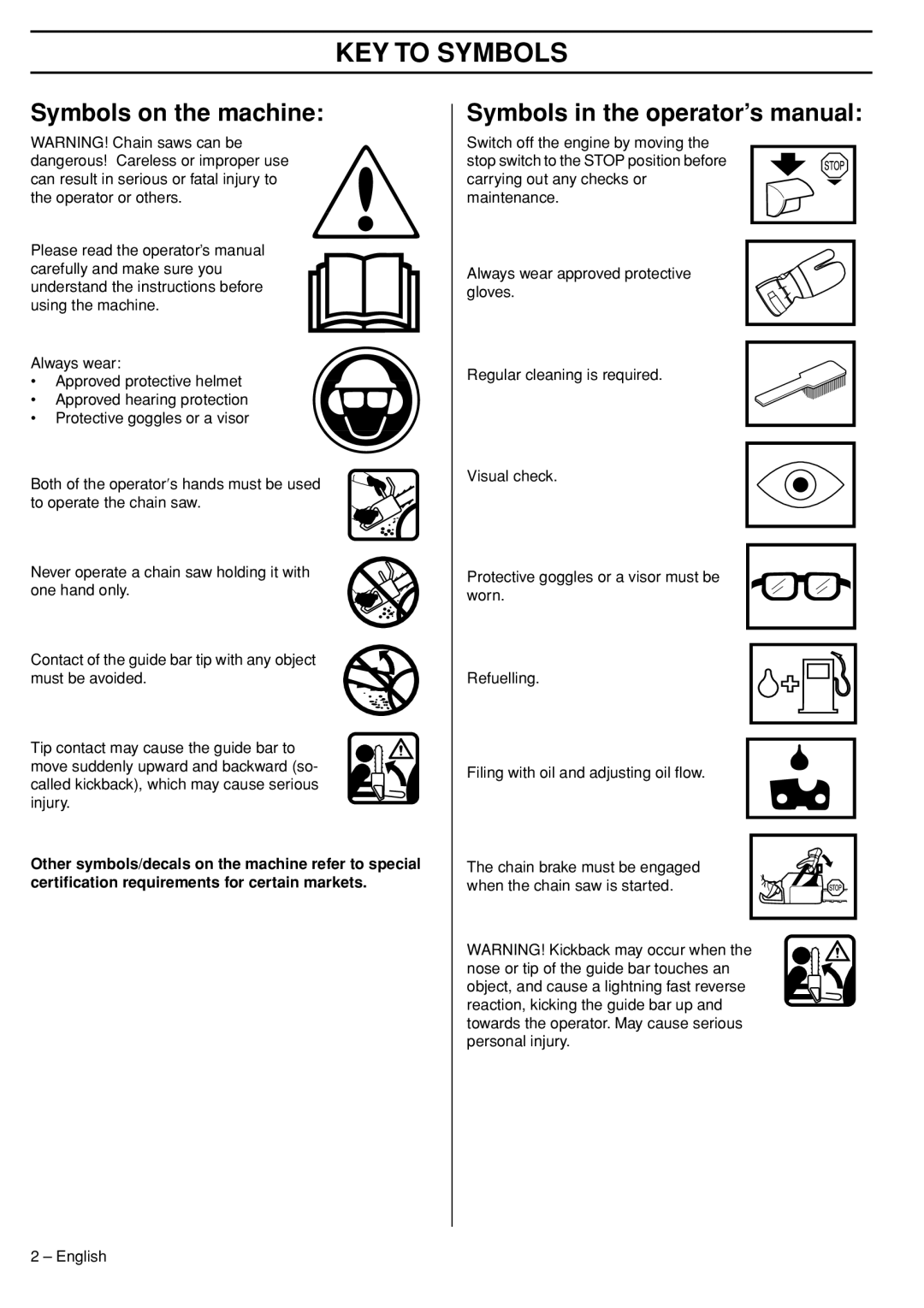 Husqvarna 575XP KEY to Symbols, Symbols on the machine, Symbols in the operator’s manual 