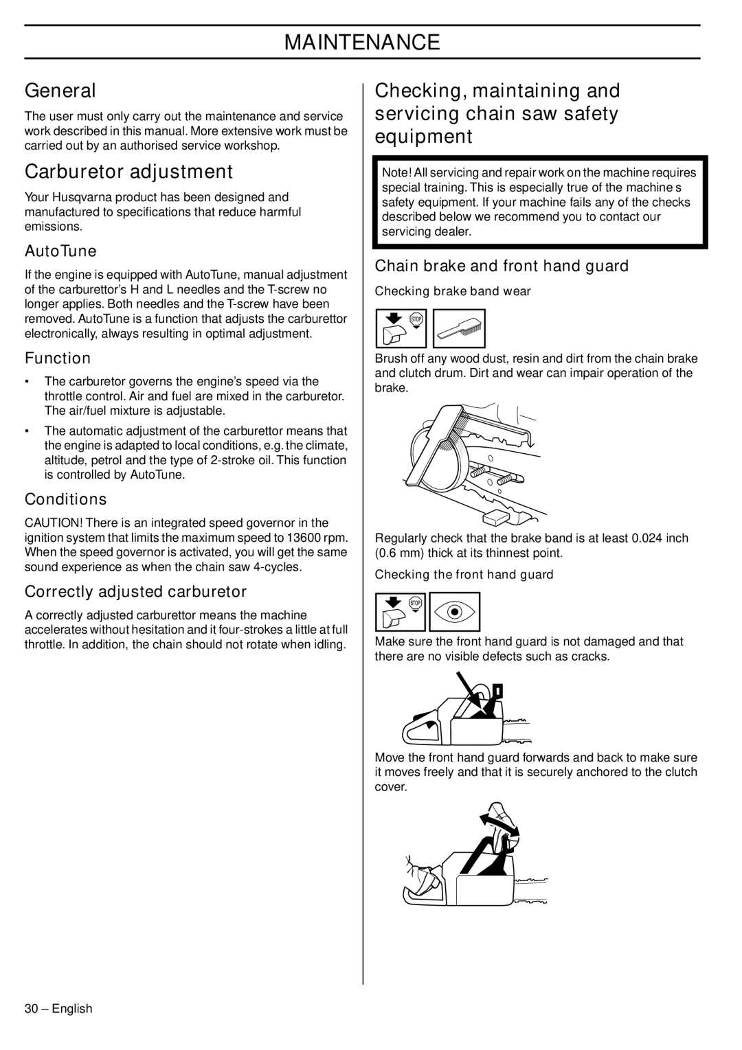 Husqvarna 575XP manual Maintenance, General, Carburetor adjustment 