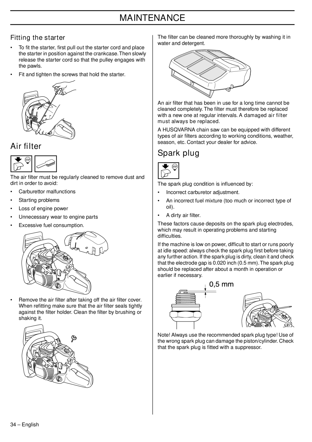 Husqvarna 575XP manual Air ﬁlter, Spark plug, Fitting the starter, Must always be replaced 