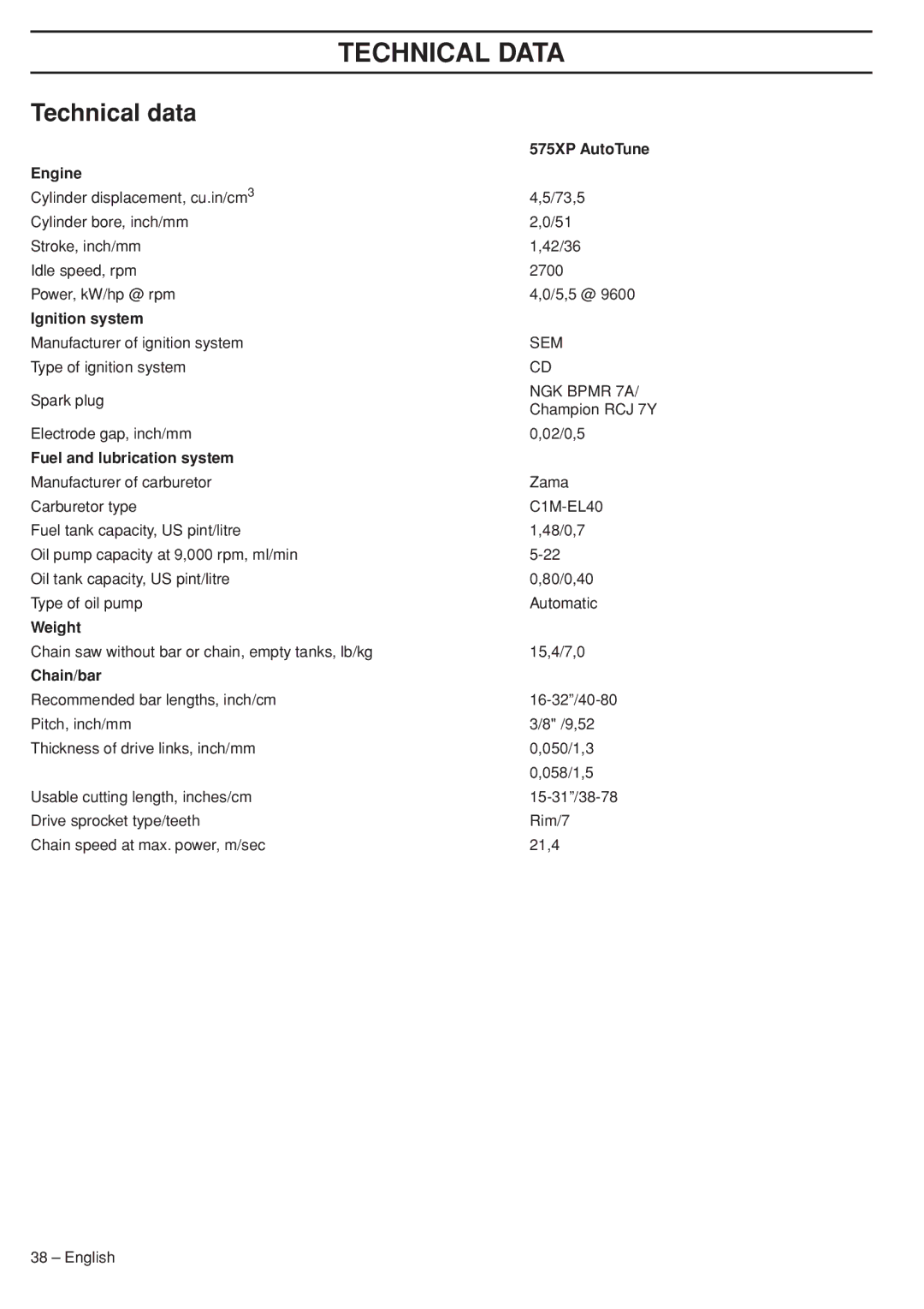 Husqvarna 575XP manual Technical Data, Technical data 