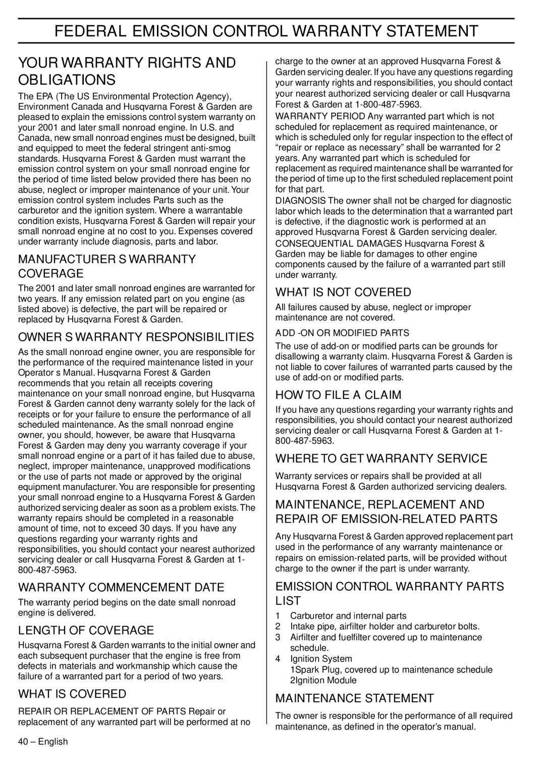 Husqvarna 575XP manual Federal Emission Control Warranty Statement, Your Warranty Rights and Obligations 