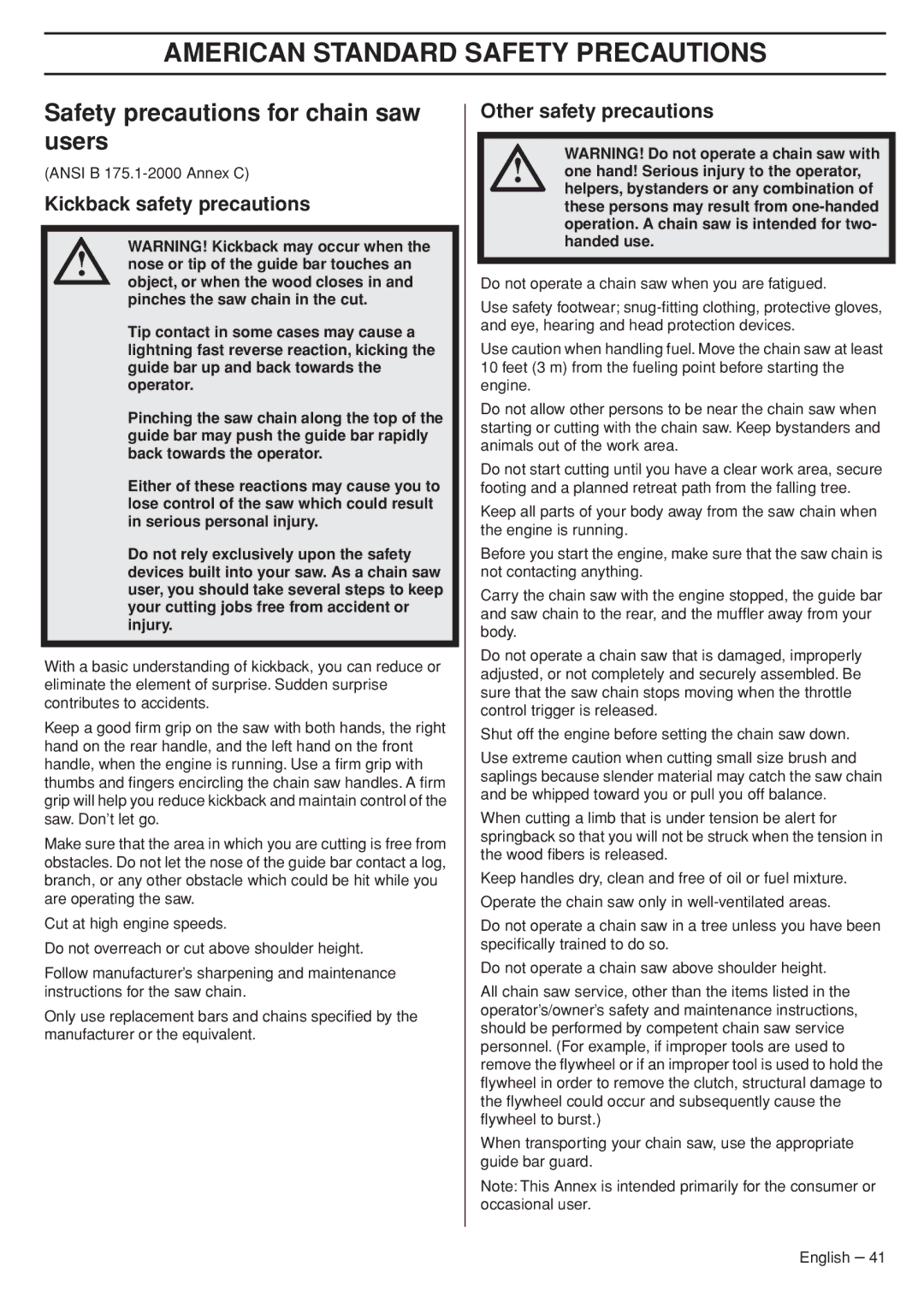 Husqvarna 575XP American Standard Safety Precautions, Safety precautions for chain saw users, Kickback safety precautions 