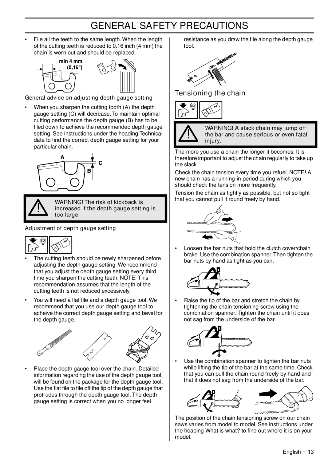 Husqvarna 570 EPA III, 576 XP EPA III, 1152353-95 manual Tensioning the chain 