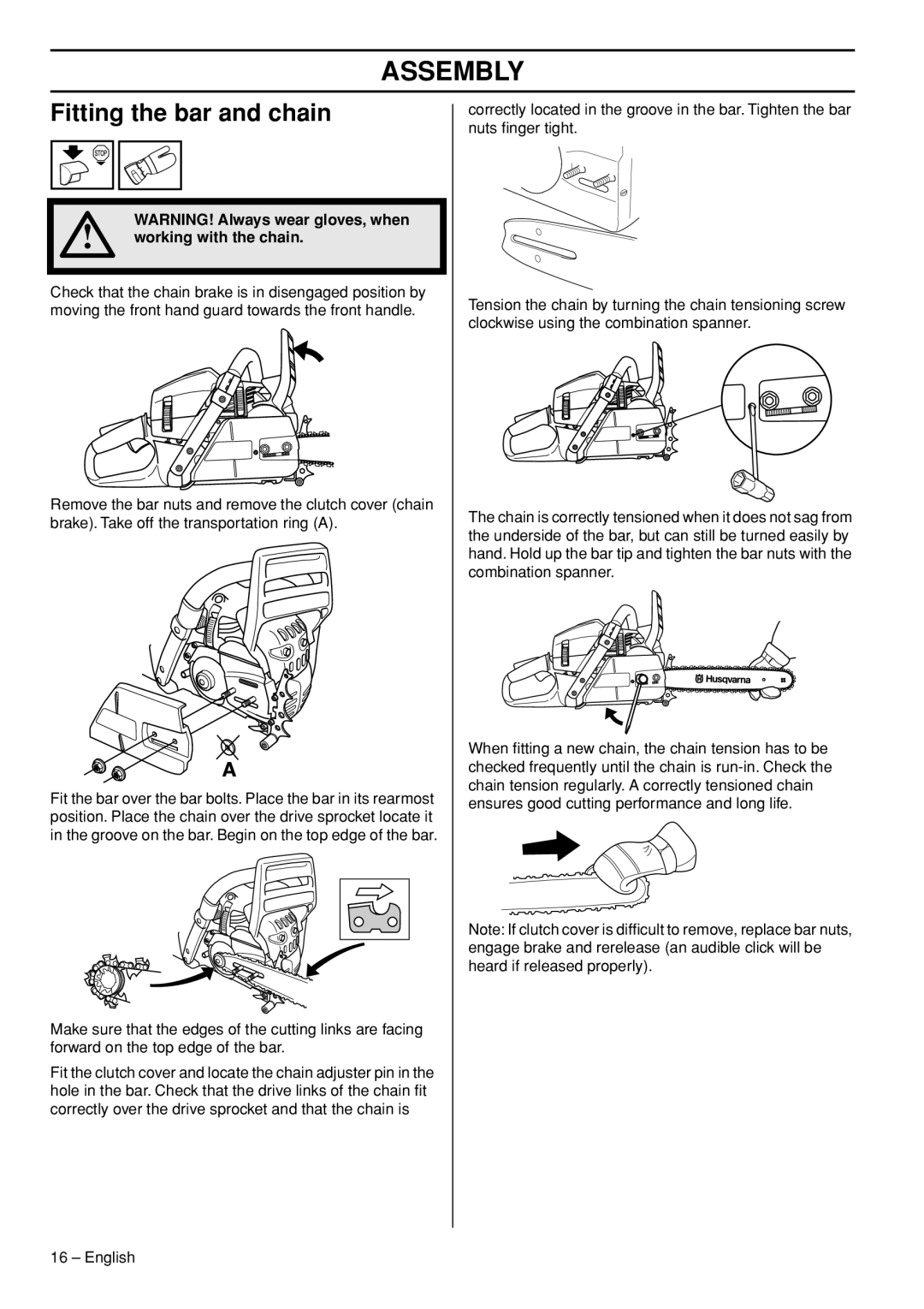 Husqvarna 570 EPA III, 576 XP EPA III, 1152353-95 manual Assembly, Fitting the bar and chain, Working with the chain 