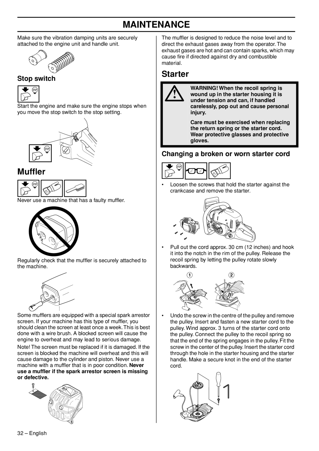 Husqvarna 1152353-95, 576 XP EPA III, 570 EPA III manual Mufﬂer, Starter, Changing a broken or worn starter cord 