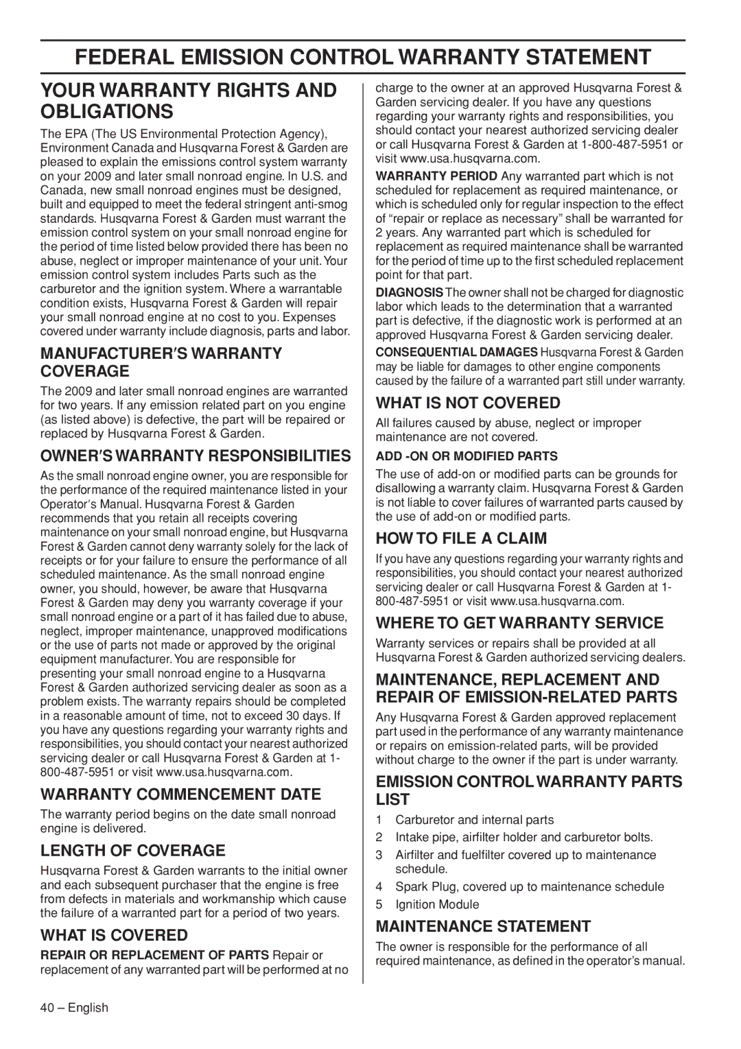 Husqvarna 570 EPA III, 576 XP EPA III Federal Emission Control Warranty Statement, Your Warranty Rights and Obligations 