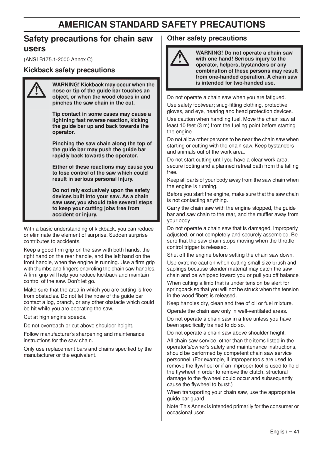 Husqvarna 1152353-95, 576 XP EPA III manual American Standard Safety Precautions, Safety precautions for chain saw users 