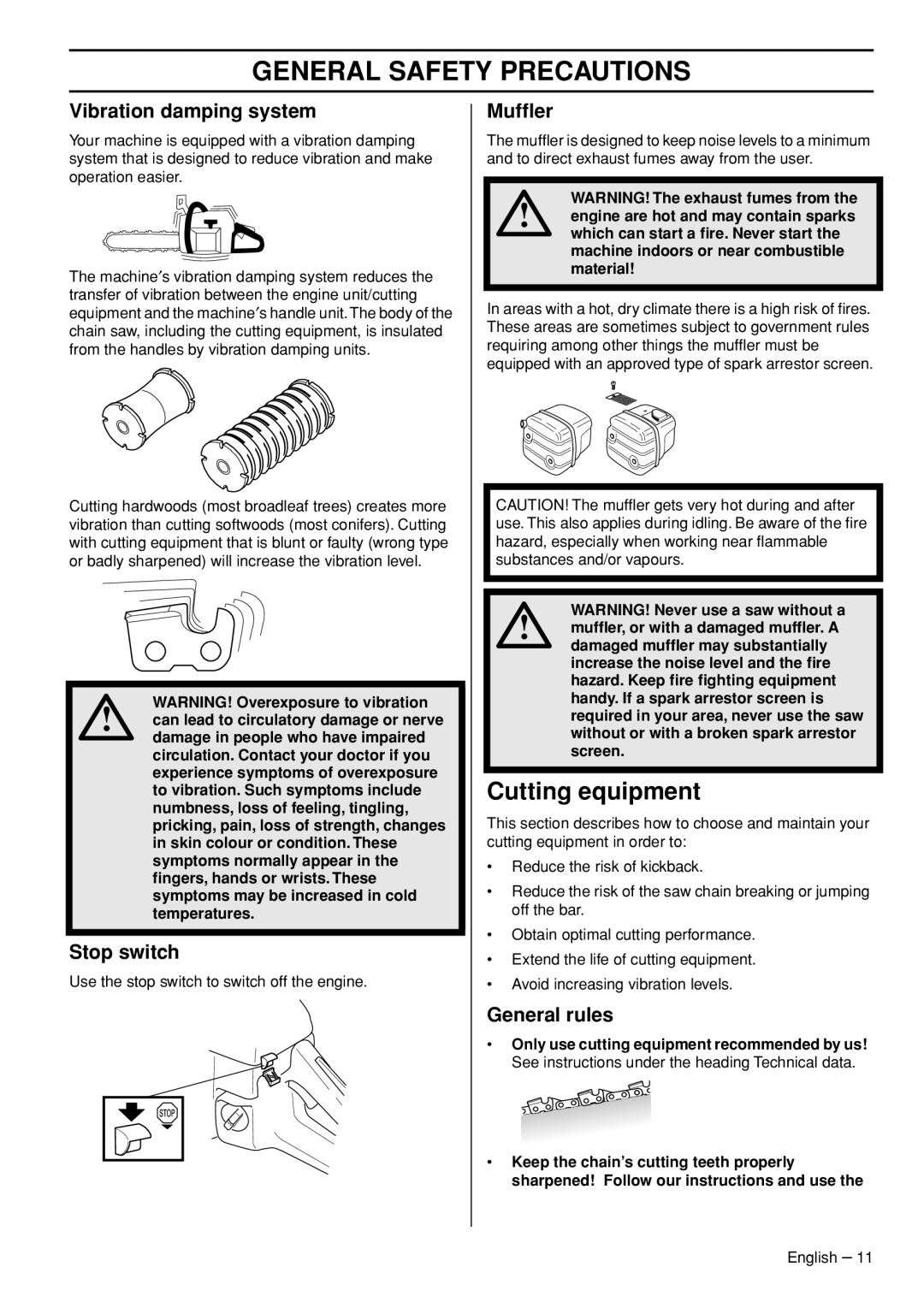 Husqvarna 1153181-95, 576 XPG manual Cutting equipment, Vibration damping system, Stop switch, Mufﬂer, General rules 