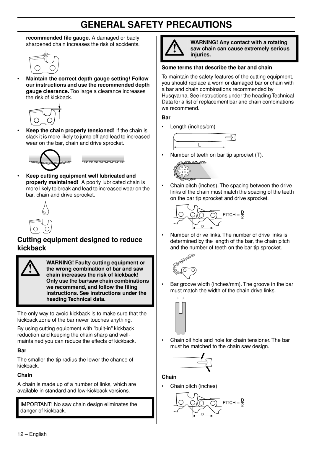 Husqvarna 576 XPG, 1153181-95 manual Cutting equipment designed to reduce kickback, Bar, Chain 