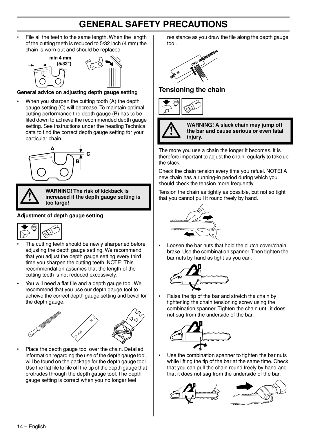 Husqvarna 576 XPG, 1153181-95 manual Tensioning the chain 